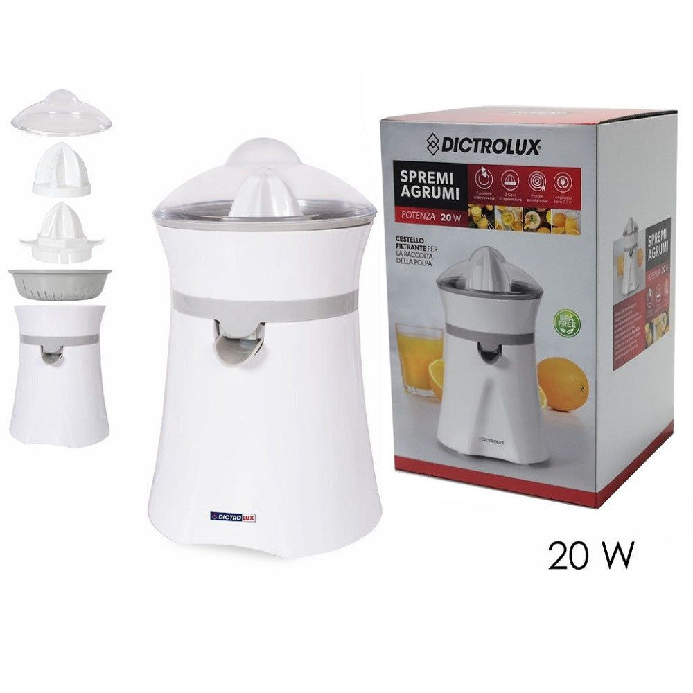 SPREMIAGRUMI 20W CON SISTEMA A PRESSIONE AUTOMATICO 2 TESTINE CESTELLO FILTRANTE