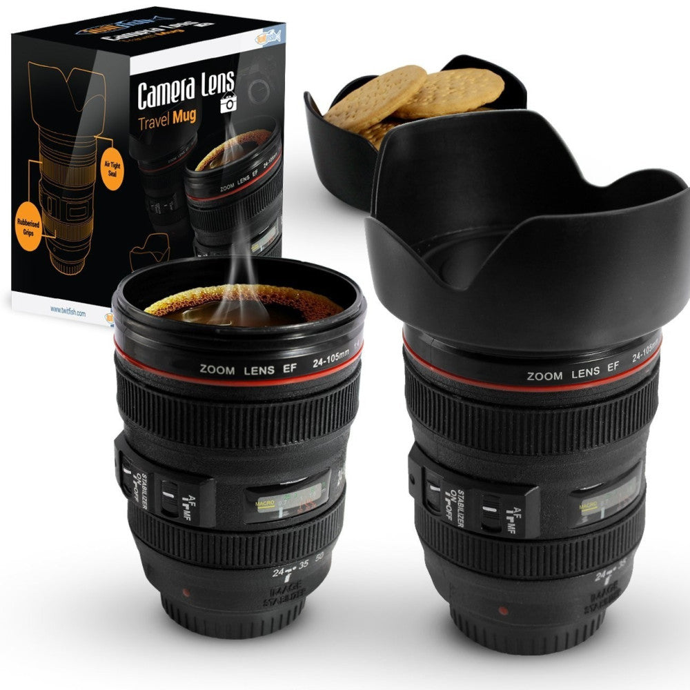 TAZZA PER BEVANDE A FORMA DI OBIETTIVO DI MACCHINA FOTOGRAFICA CON COPERCHIO