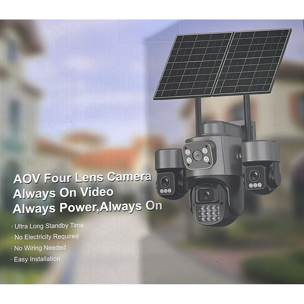 TELECAMERA DI VIDEOSORVEGLIANZA A QUATTRO LENTI AOV PTZ ROTANTE 4G A ENERGIA SOLARE