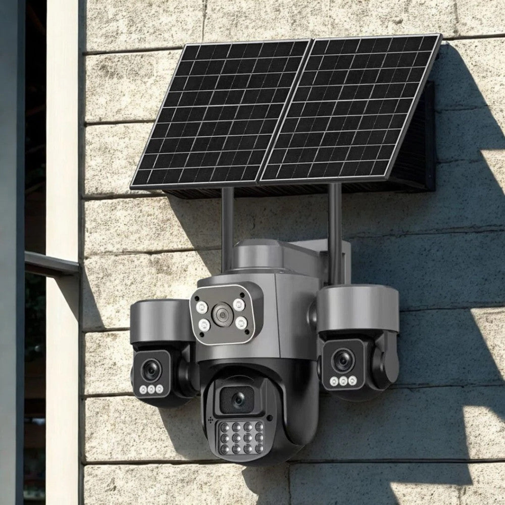 TELECAMERA DI VIDEOSORVEGLIANZA A QUATTRO LENTI AOV PTZ ROTANTE 4G A ENERGIA SOLARE