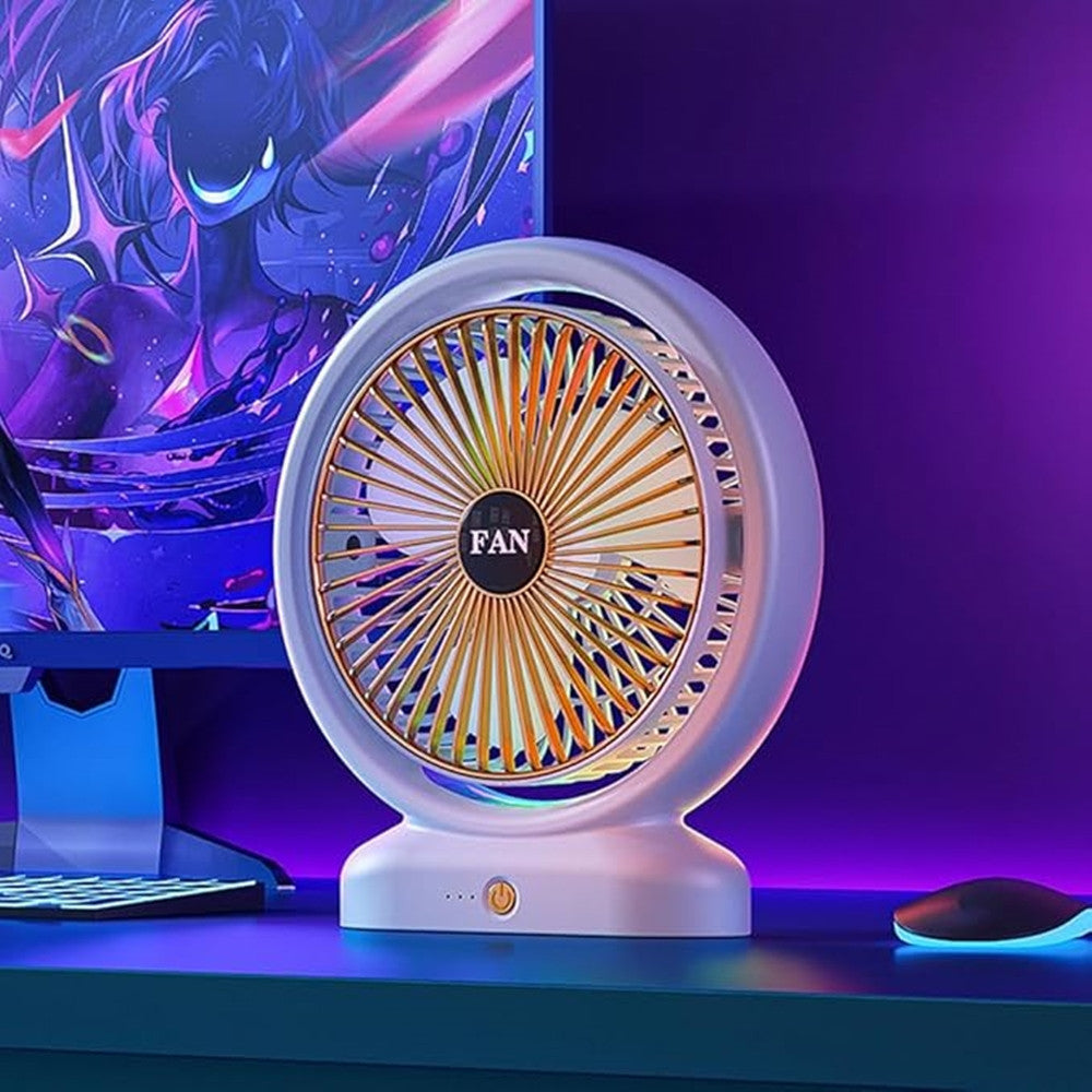 VENTILATORE DA TAVOLO USB RICARICABILE CON CIRCOLATORE D'ARIA A LUCE COLORATA 3 VELOCITÀ